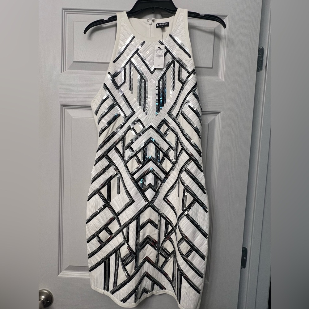 Express White and Black Sequin Mini Dress